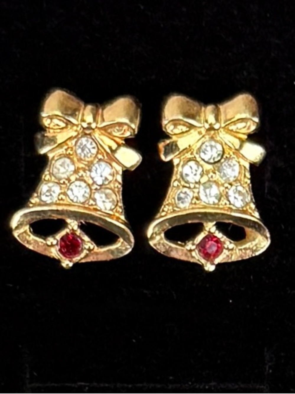 Vintage Christmas Bell Rhinestone Gold Tone Pierced Stud Earrings